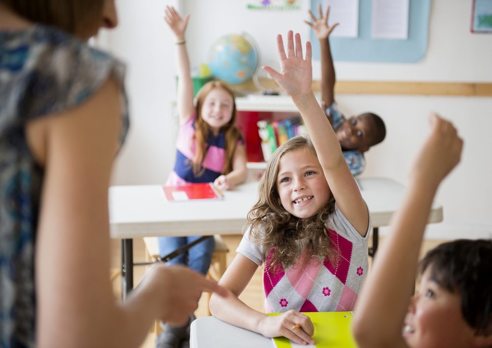 Students raising their hands in class