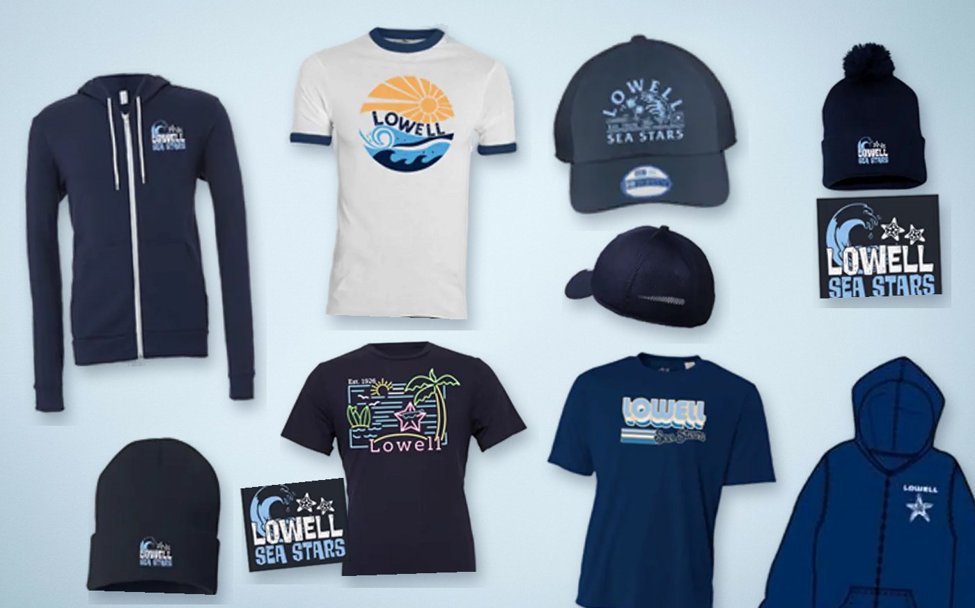 Lowell logo wear: hoodies, tees, hats, and beanies from the Sea Star Store